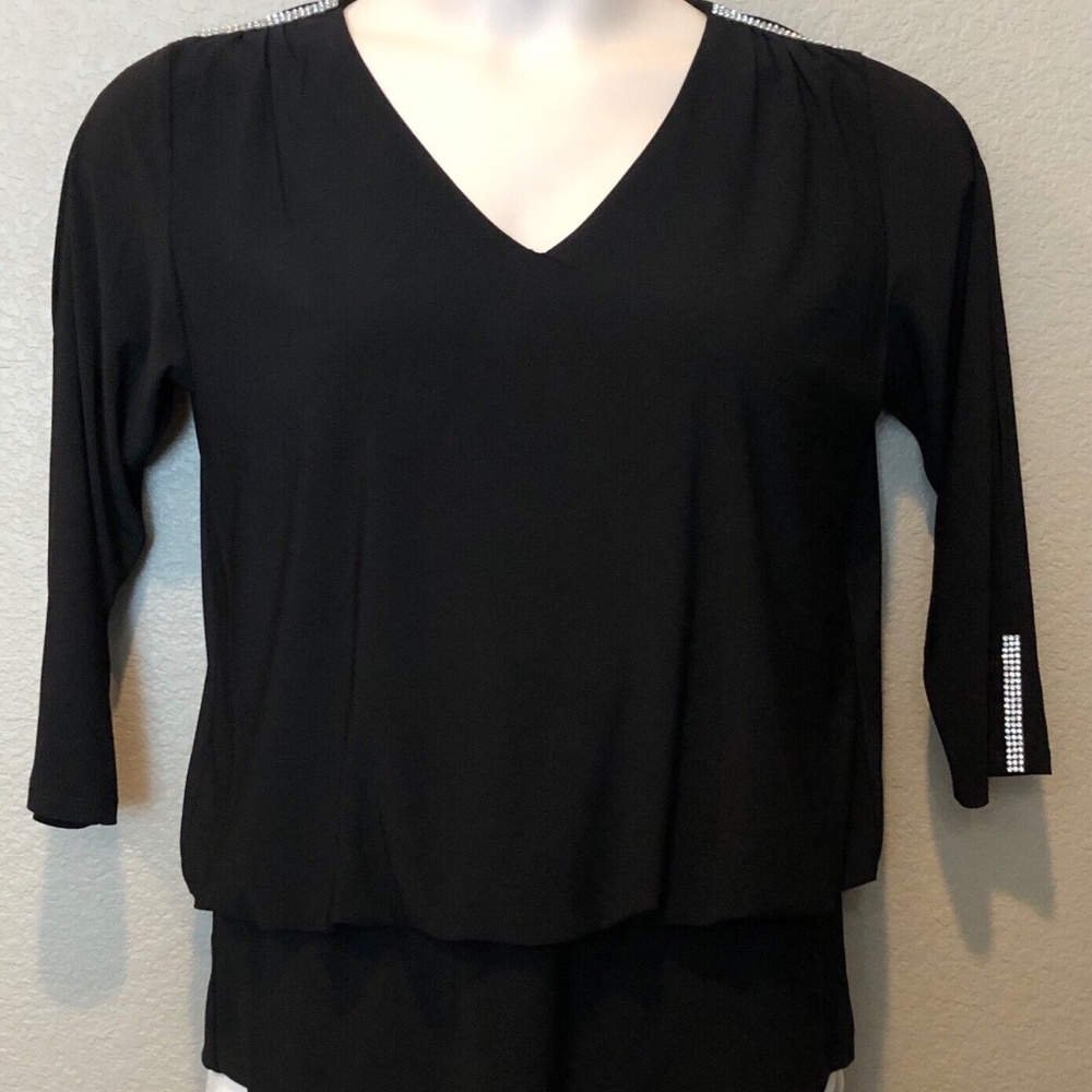 Women's cb Established Black Rhinestone V-Neck 3/4 Split Sleeve Jersey Top Sz PM